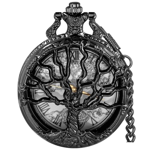 Tiong Pocket Watch Hollow Tree Design Roman Numerals Quartz with Chain Birthday Gifts(Black)
